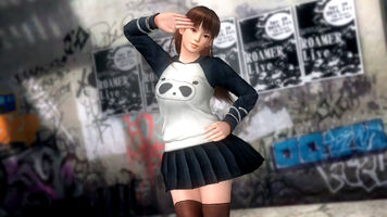 Casual costume for Leifang consisting of a white and black, long-sleeved hoodie with a cartoon panda face over the chest, a black skirt and long black stockings.