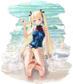 Marie Rose's first alternate appearance/image, "Devilish Servant Against the Splashing Waves", featuring her Cymric swimsuit from DOA5 Ultimate and DOAX3