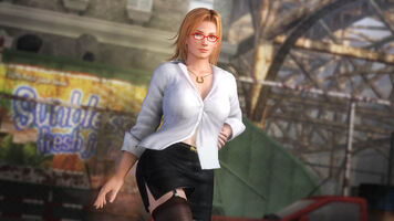Tina: White blouse, black skirt, black stockings, red high-heeled shoes and red glasses.