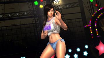 The "Strawberry" for Kokoro: White sleeveless, knotted t-shirt with purple collar-line and logo, with blue-and-white wavy-patterned bikini shorts.