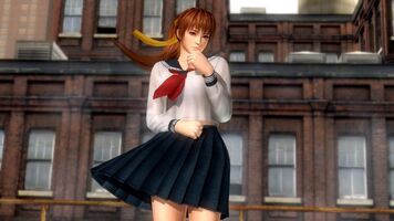 Kasumi's school uniform. It is a traditional Japanese sailor uniform; with navy blue skirt and accent, white shirt, and a red sailor ribbon along with her usual yellow hair ribbon.