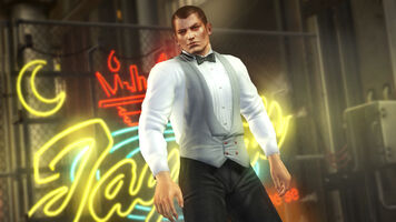 Bartender outfit for Rig consisting of a light grey weskit over a white shirt, a black bowtie and black pants.