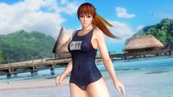 Kasumi: Dark blue school swimsuit with nametag.