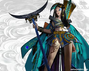 Character concept of a young Asian woman in blue, wielding a cresent-shaped blade mounted on a staff