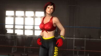 Mila's new fighting costume that was originally Tina's from Dead or Alive: Black spandex pants with red top, gloves and boots. "ABOVE" and "BOARD" is written in yellow on the gloves and sides of the pants.