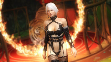 Christie: Fourth costume from Dead or Alive 4: Black "dominatrix" bondage suit with thigh-high boots, fishnet stockings with garters, long gloves and gold earrings