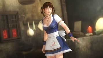 Leifang: Fifth costume from Dead or Alive: blue maid dress over a white shirt, a black choker and necklace, blue wristbands, a white sash and apron.