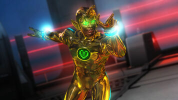 Zack: Gold alien bodysuit with an antenna, green LED chest, blue light wristbands and green sunglasses.