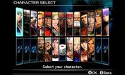The character selection screen showing all of the fighter (minus "boss characters")