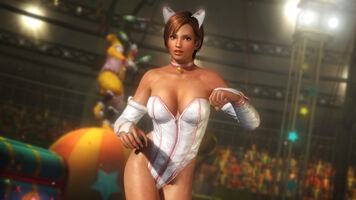 A white cat costume for Lisa consisting of a strapless zip-ups leotard with pink hems and a faux fur tail, pull-on sleeves, high-heel boots, a pink collar and cat ears.