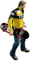 Chuck holding a skateboard