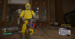 Frank in a Hazmat Suit, carrying the Umbrella Gun.