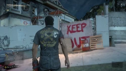 From the street when the house is inaccessible during the early chapters.