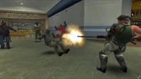 Frank West wearing the Bionic Commando Costume while shooting the Turret Gun.