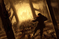 Concept art showing a pack of Swarmers attacking someone.