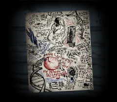 A page of drawings and writing from Stross after he was taken to Titan Station. The  translate to: "Cross my heart and hope to die", "If only they knew what I can't unknow", "Life to death to life eternal", "Stick a needle in my eye", and "This darkness is crushing me".