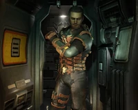 Isaac smirks after putting on the Engineering Suit in Dead Space 2.
