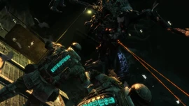 An Alien Necromorph attacking two  soldiers.
