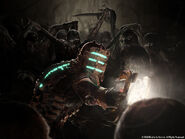 An artwork depicting Isaac fighting against the overwhelming Necromorphs.