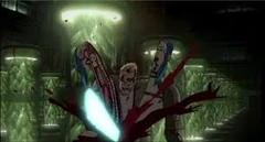 Hanson, influenciado por la Efigie, usando una sierra de plasma contra Shen.