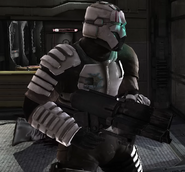 Isaac wearing the Military Suit and wielding the Pulse Rifle in the original game.