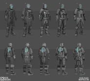Early concept art of the Level 2 Suit along with other concepts for suits in Dead Space (2023).