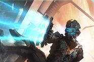 Dead Space 2 promotional poster of Isaac, now in an Advanced RIG, firing his Plasma Cutter