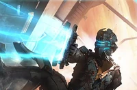 Dead Space 2 promotional poster of Isaac, now in an Advanced RIG, firing his Plasma Cutter.