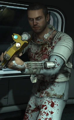 Isaac Clarke wielding a flashlight