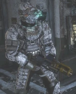 Isaac holding a Mk-V Shotgun.