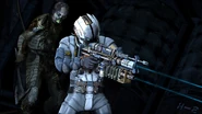 Isaac in the EVA Suit being snuck up on by a Fodder.
