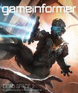 The GameInformer cover showcasing the Advanced Suit worn by Isaac Clarke.