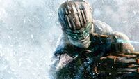 Dead Space 3 promotional poster of Isaac wearing the Arctic Survival Suit.