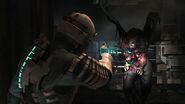 Screenshot from a dev-build of Dead Space (2008) of Isaac engaging the unused gas mask variant of the Slasher.