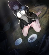 Mai with a chain around her neck, near a plate of what seems to be dog food in the beta of Death end re;Quest 2.