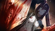 Mai with a chain around her neck, standing before her dying father after she slashed him in the beta of Death end re;Quest 2.