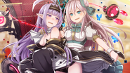 Celica trying to put a maid outfit on Lucil, Lucil looks uncomfortable.
