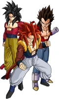 Goku (left), Vegeta (right), and Gogeta (center) as Super Saiyan 4 