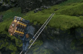 Sam crossing a river with the Portable Ladder.