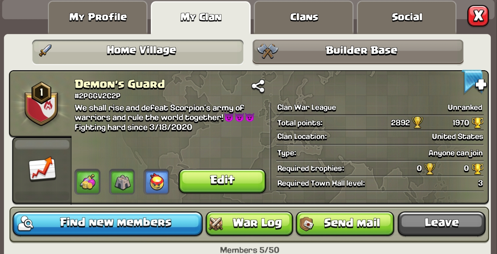 Please join my clan, we are war ready and looking for members to help us ru...