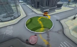 Two players standing on either side of a roundabout.