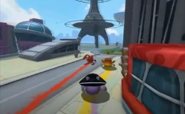 A player is chasing two other players towards the tower.