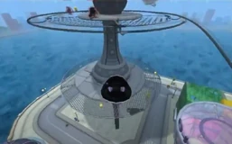 All three have managed to jump to the top platform of the tower. Note the yellow paintbots on the lower platform.