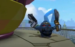 Player equipped with a gun and sword and a Warhamme Space Marine helmet