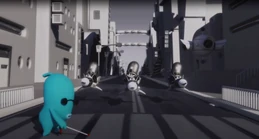 Inky Jetbikes wait for a blind man to cross the street.