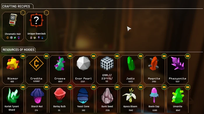 Recipe and inventory screen in the terminal