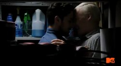The two making out in a supply closet.