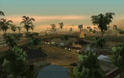 Die Grove Street: links das , zwei weiter Sweets und rechts, das mit dem Strommast davor, OG Locs Haus