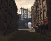 Eine Straße mit Blick auf die Algonquin Bridge