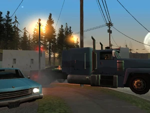 Ein Truck hängt in einem Strommast in Angel Pine